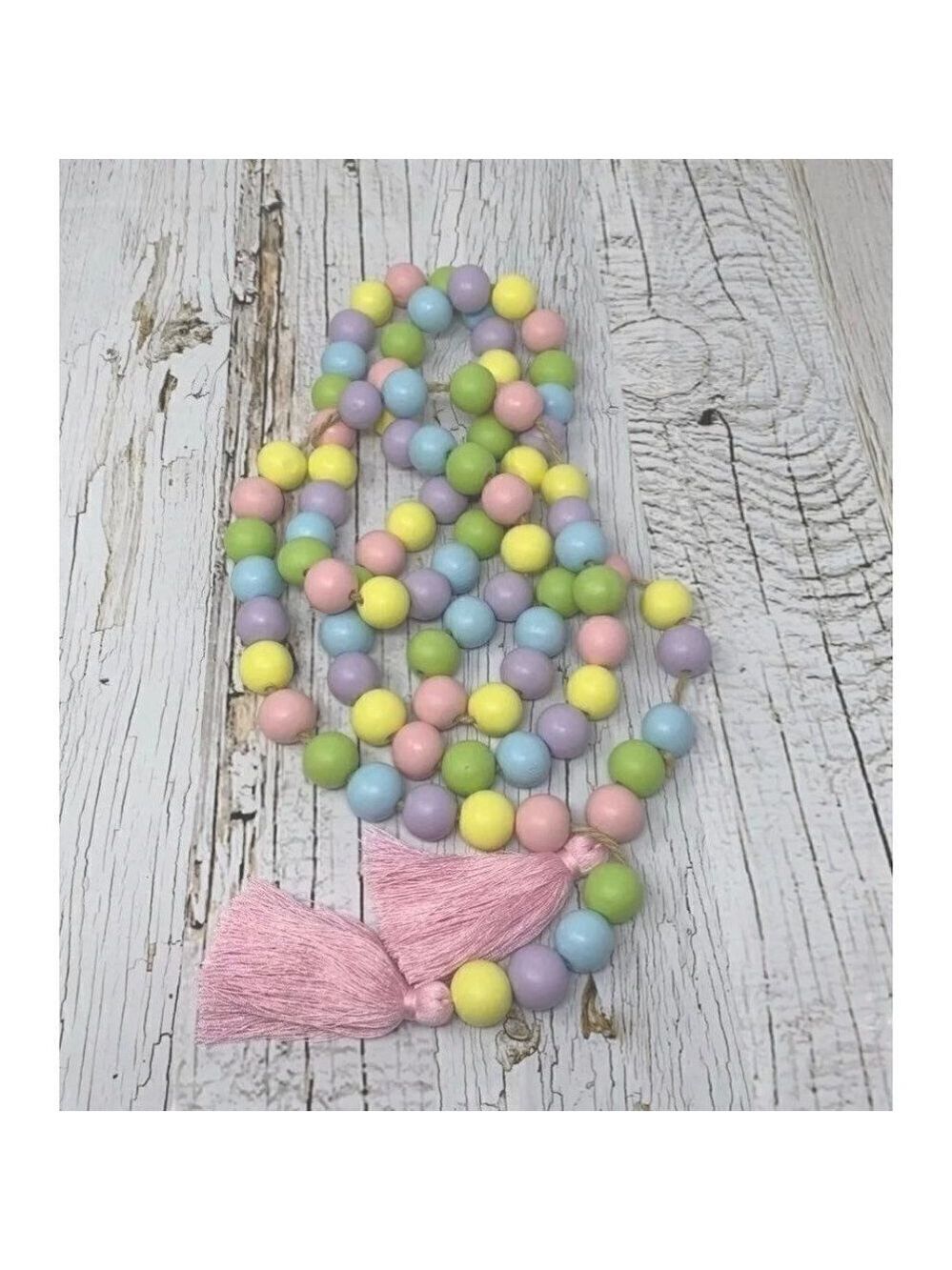 Easter Spring Pastel Wood Wooden Bead String Garland Pink Purple Tassels 72”